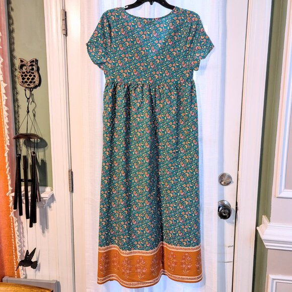 Natural Life Avery Midi Dress in Teal and Orange Boho Floral Pockets Cottagecore - Picture 2 of 14